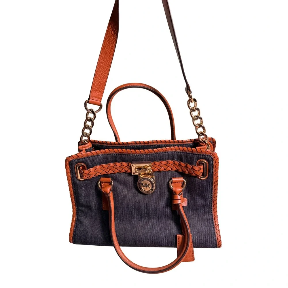 Michael Kors Hamilton Whipstitch Denim Leather Satchel Shoulder Bag Purse